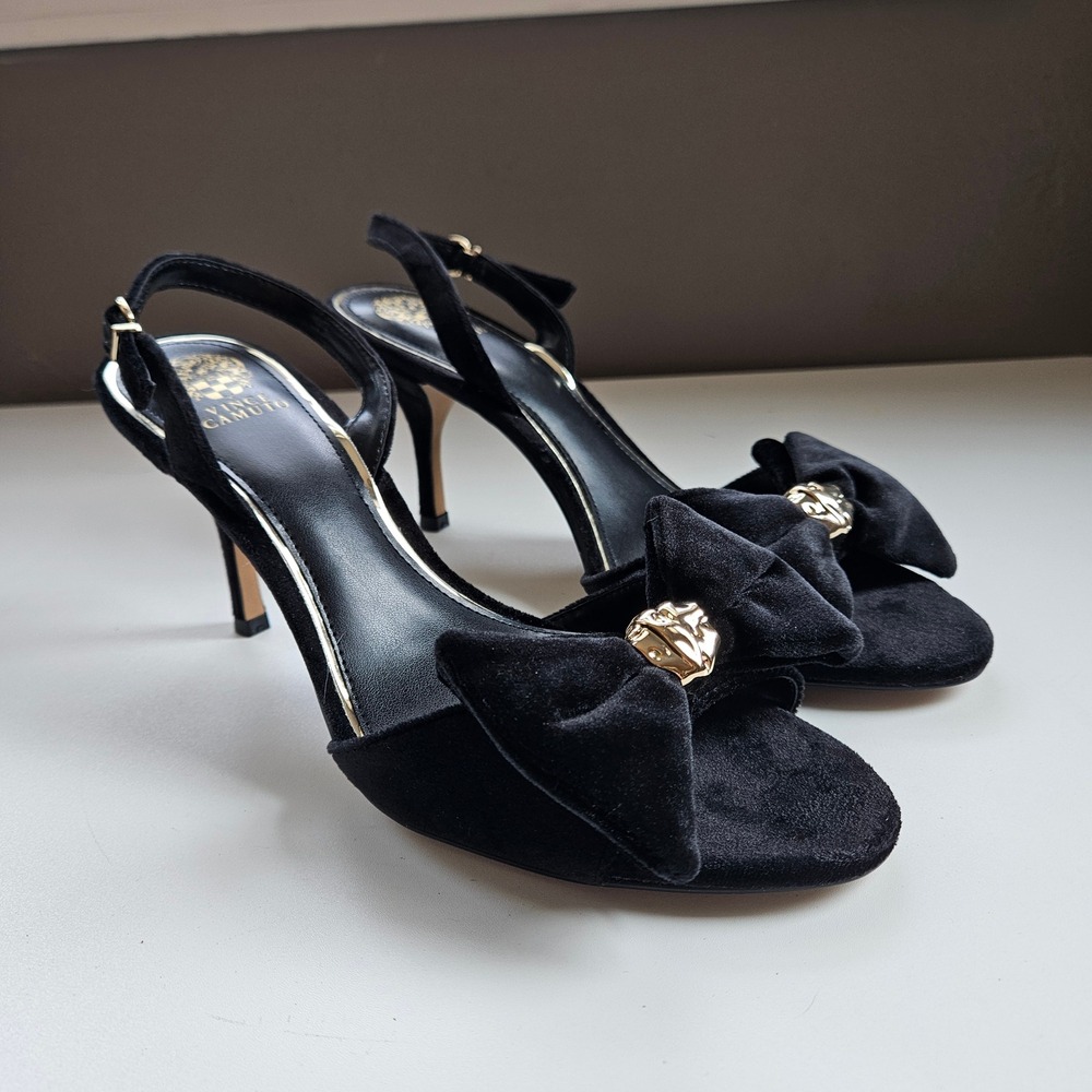 Black Velvet Bow Slingback Heels Womens Size 9M Gold Whimsigoth Formal Hoco